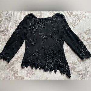 JKARA Black Beaded Floral Mesh Asymmetric Hem Top Large Whimsigoth Fairy Grunge